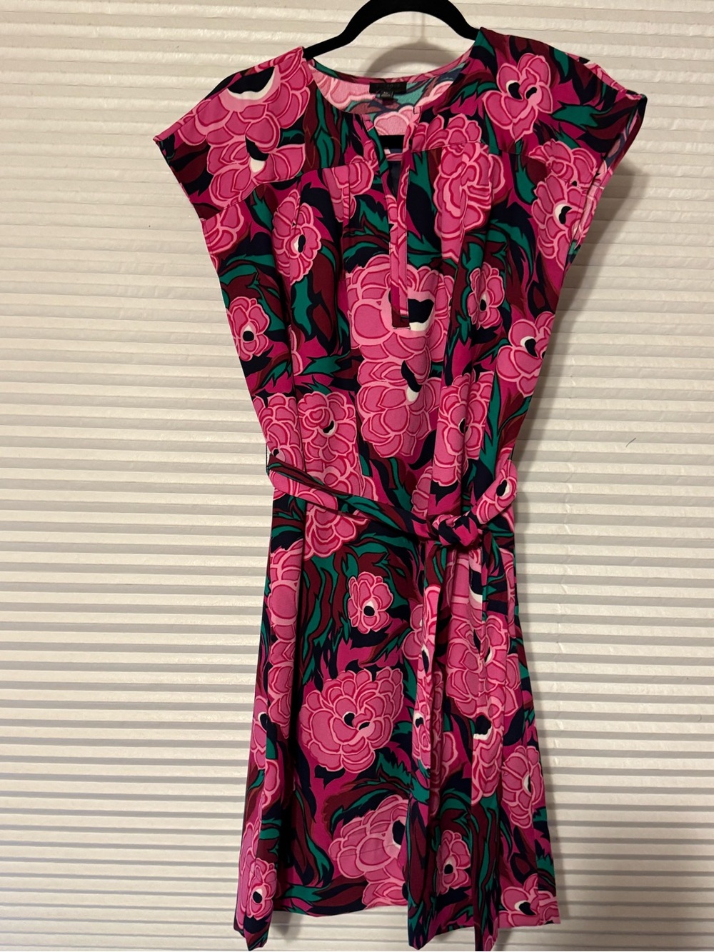 Talbots Pink Floral Belted Mini Dress with Green Leaves